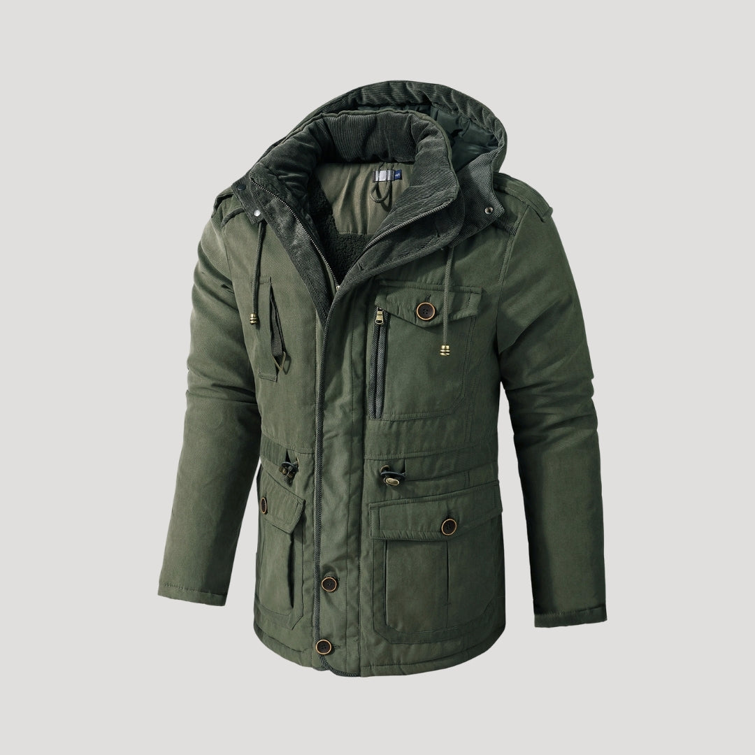 Men's hooded padded winter parka jacket with multiple pockets and fleece-style lining