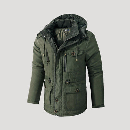 Men's hooded padded winter parka jacket with multiple pockets and fleece-style lining