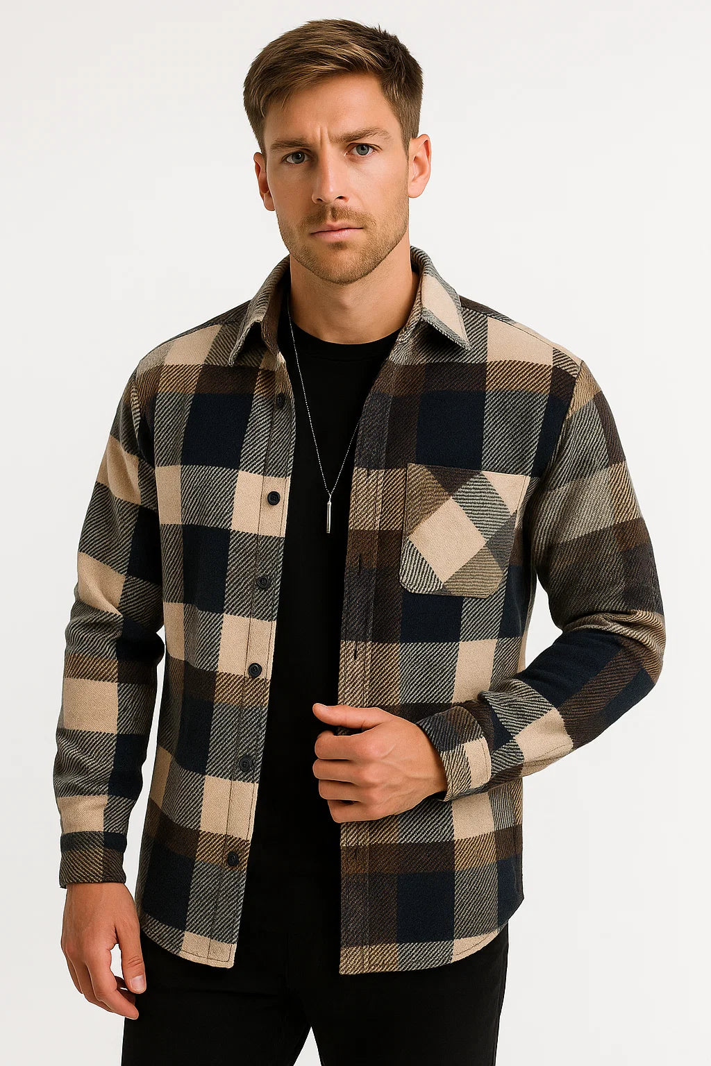 Men's Checked Long-Sleeve Shirt, Khaki Cotton Blend
