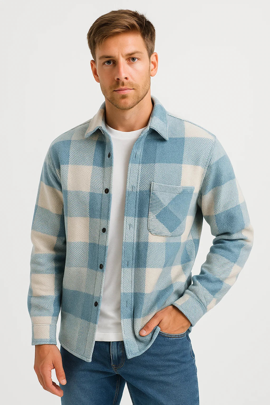 Men's Checked Long-Sleeve Shirt, Khaki Cotton Blend