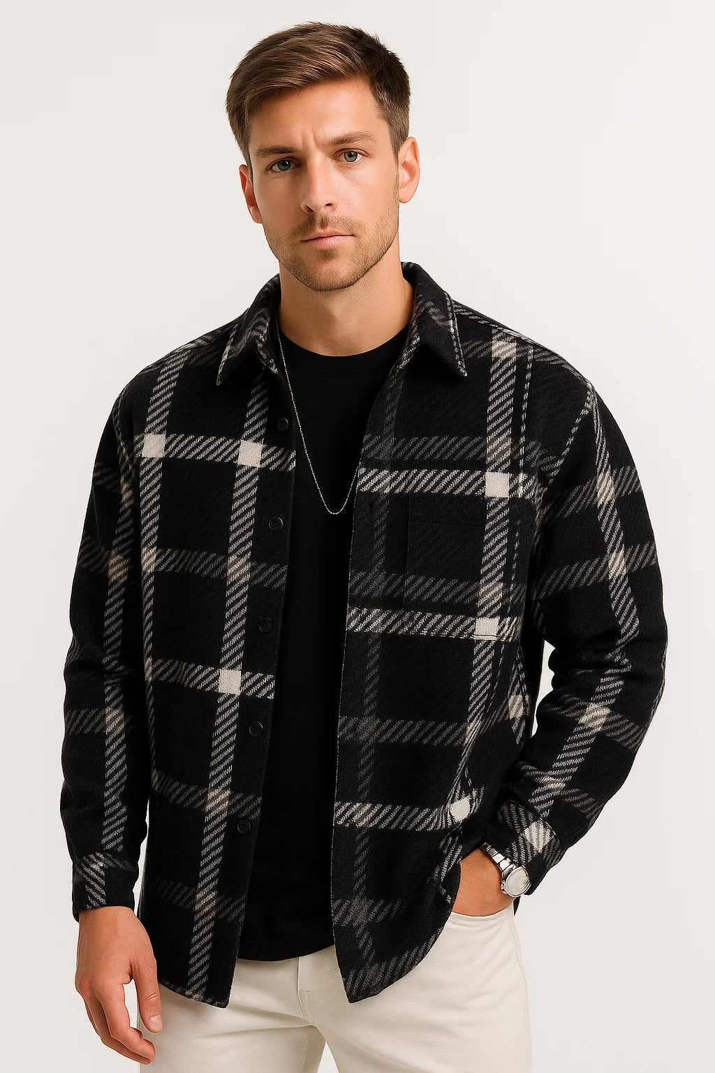 Men's Checked Long-Sleeve Shirt, Khaki Cotton Blend