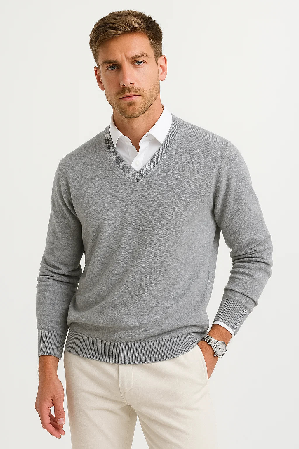 Men's V-Neck Wool-Blend Lightweight Knit