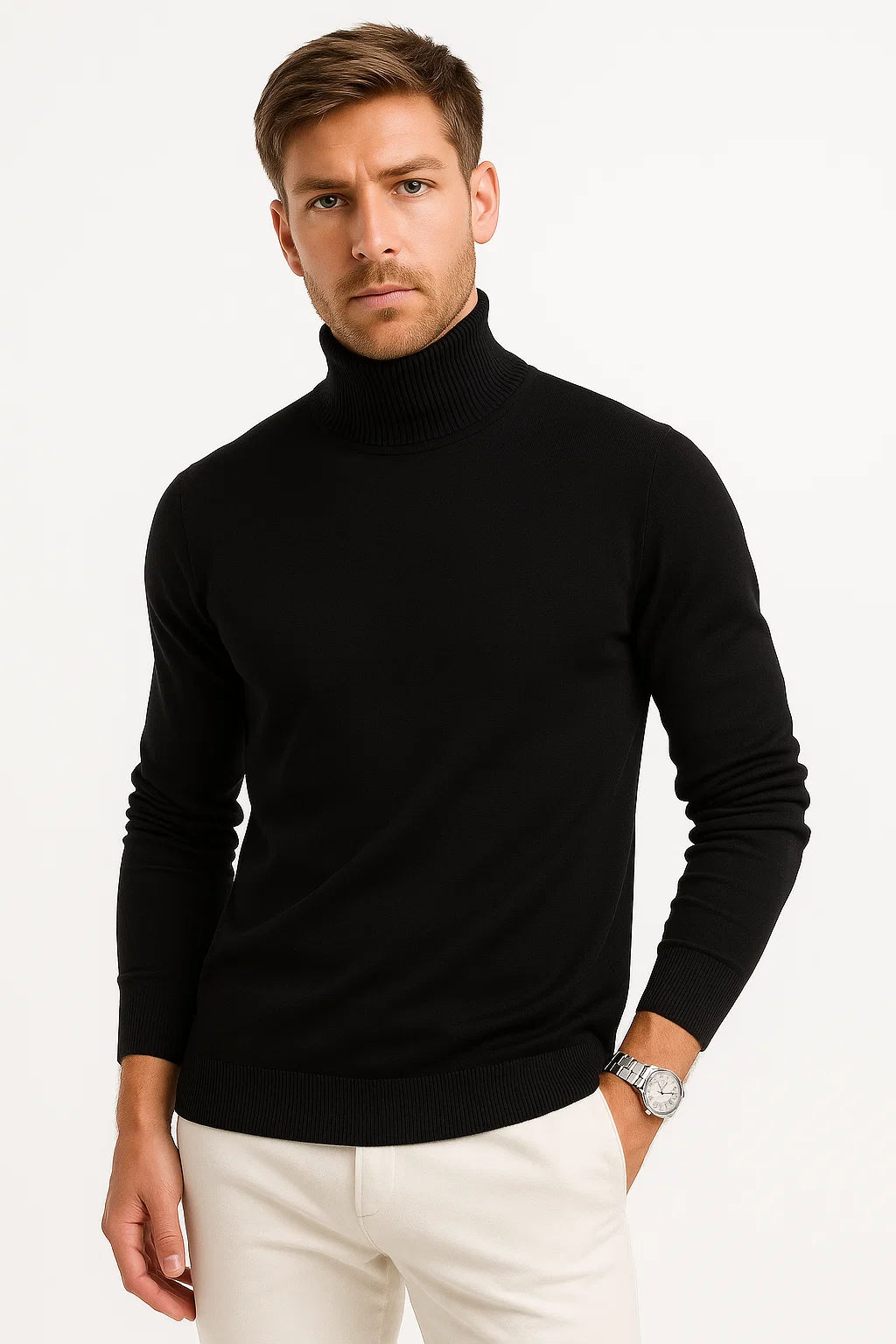 Men's Roll-Neck Jumper in Virgin Wool, Classic Cut