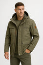 Men's hooded utility puffer jacket with long sleeves and multiple pockets