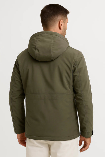 Men's hooded utility puffer jacket with long sleeves and multiple pockets