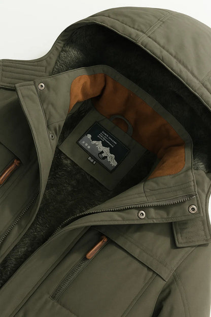 Men's hooded utility puffer jacket with long sleeves and multiple pockets