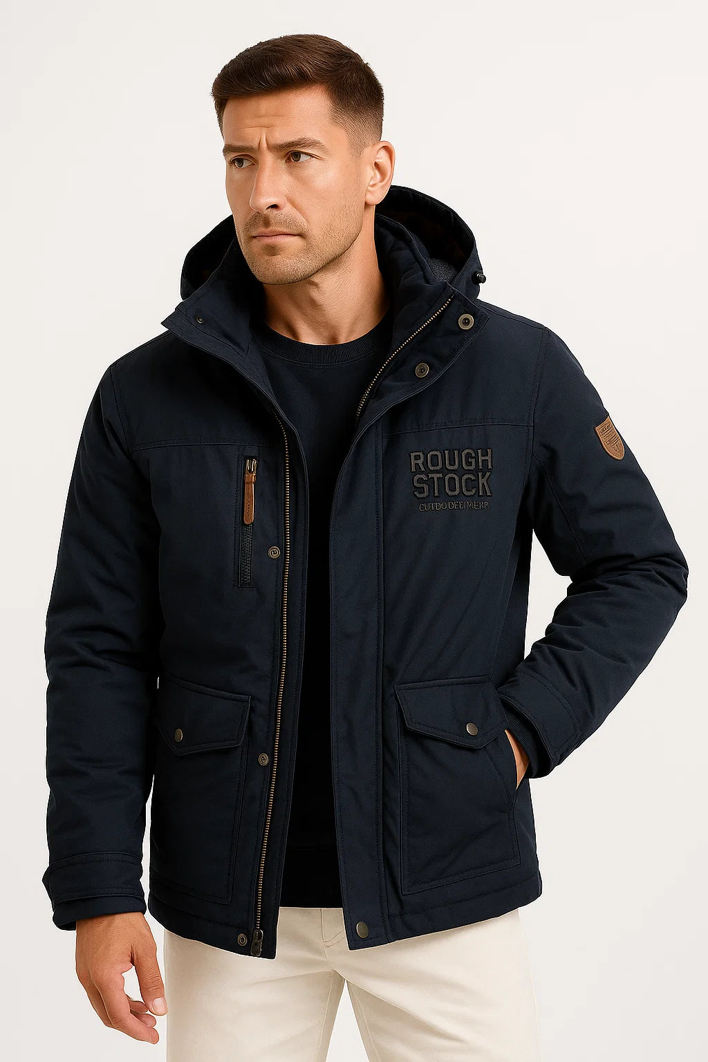 Men's hooded utility puffer jacket with long sleeves and multiple pockets