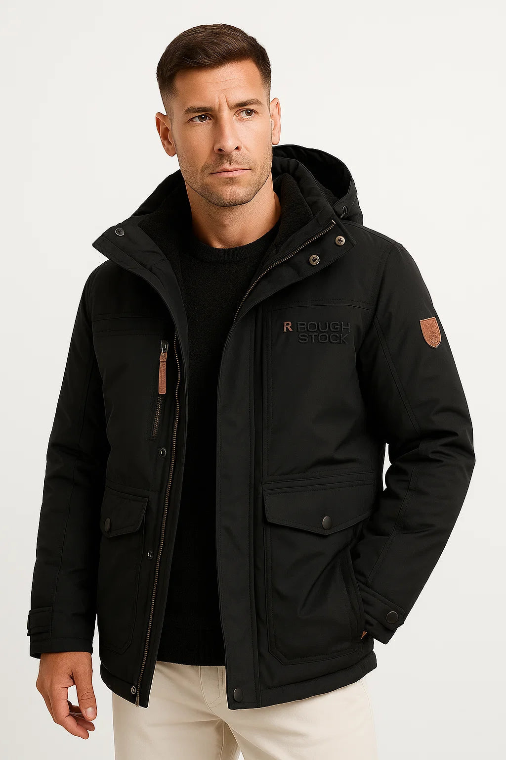 Men's hooded utility puffer jacket with long sleeves and multiple pockets
