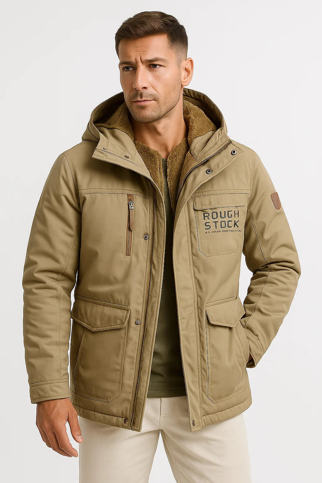Men's hooded utility puffer jacket with long sleeves and multiple pockets