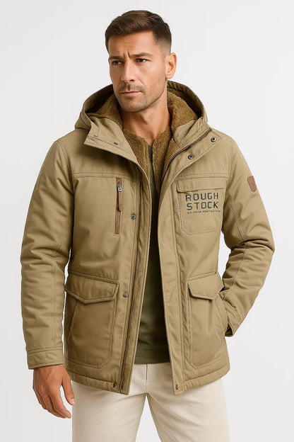 Men's hooded utility puffer jacket with long sleeves and multiple pockets