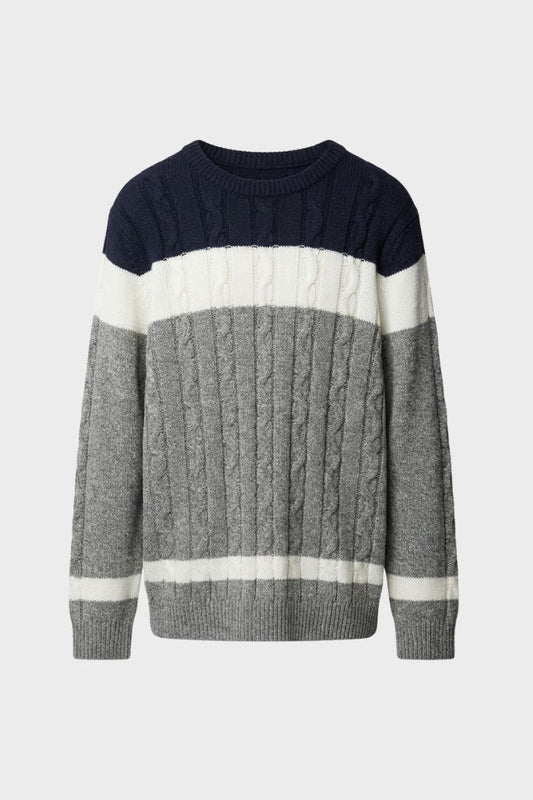 Men's navy, white and grey cable knit colour-block jumper with crew neck and long sleeves