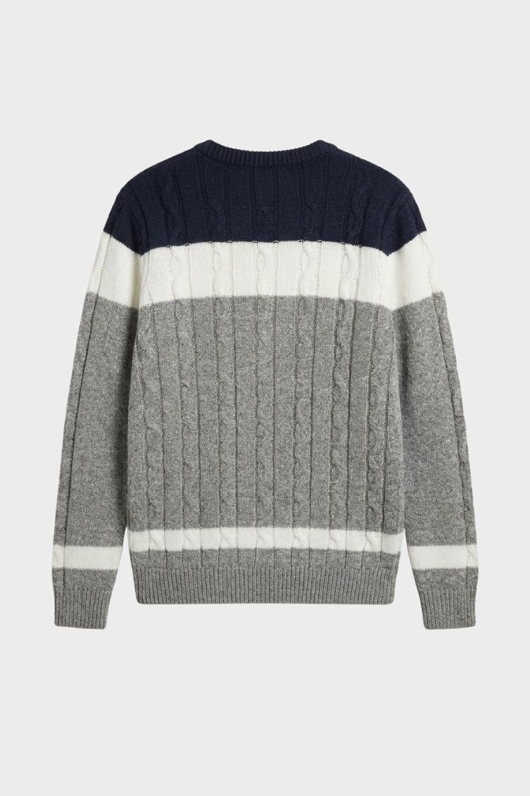 Men's navy, white and grey cable knit colour-block jumper with crew neck and long sleeves