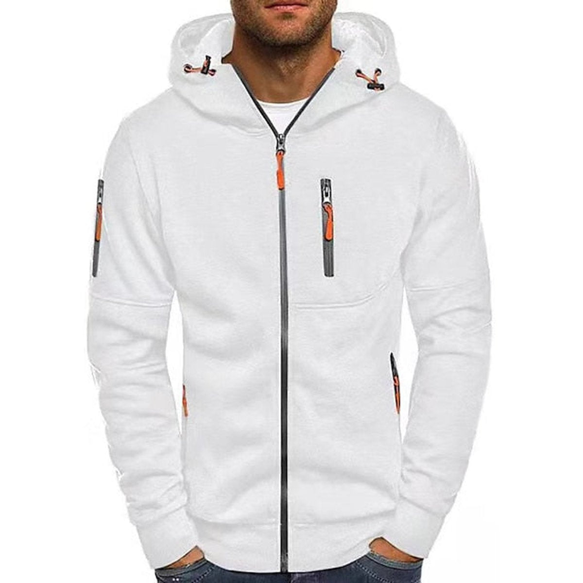 Men's knitted hooded jumper with front zip and drawstring