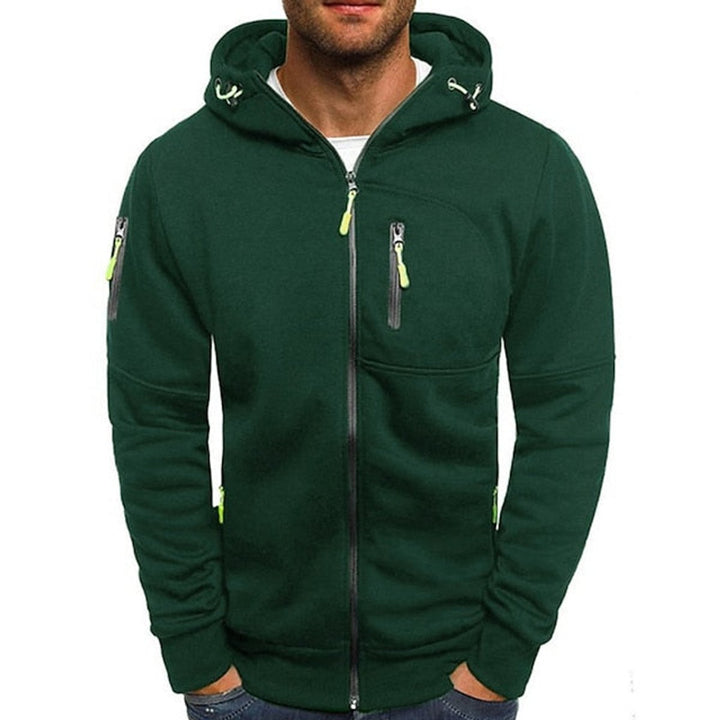 Men's knitted hooded jumper with front zip and drawstring