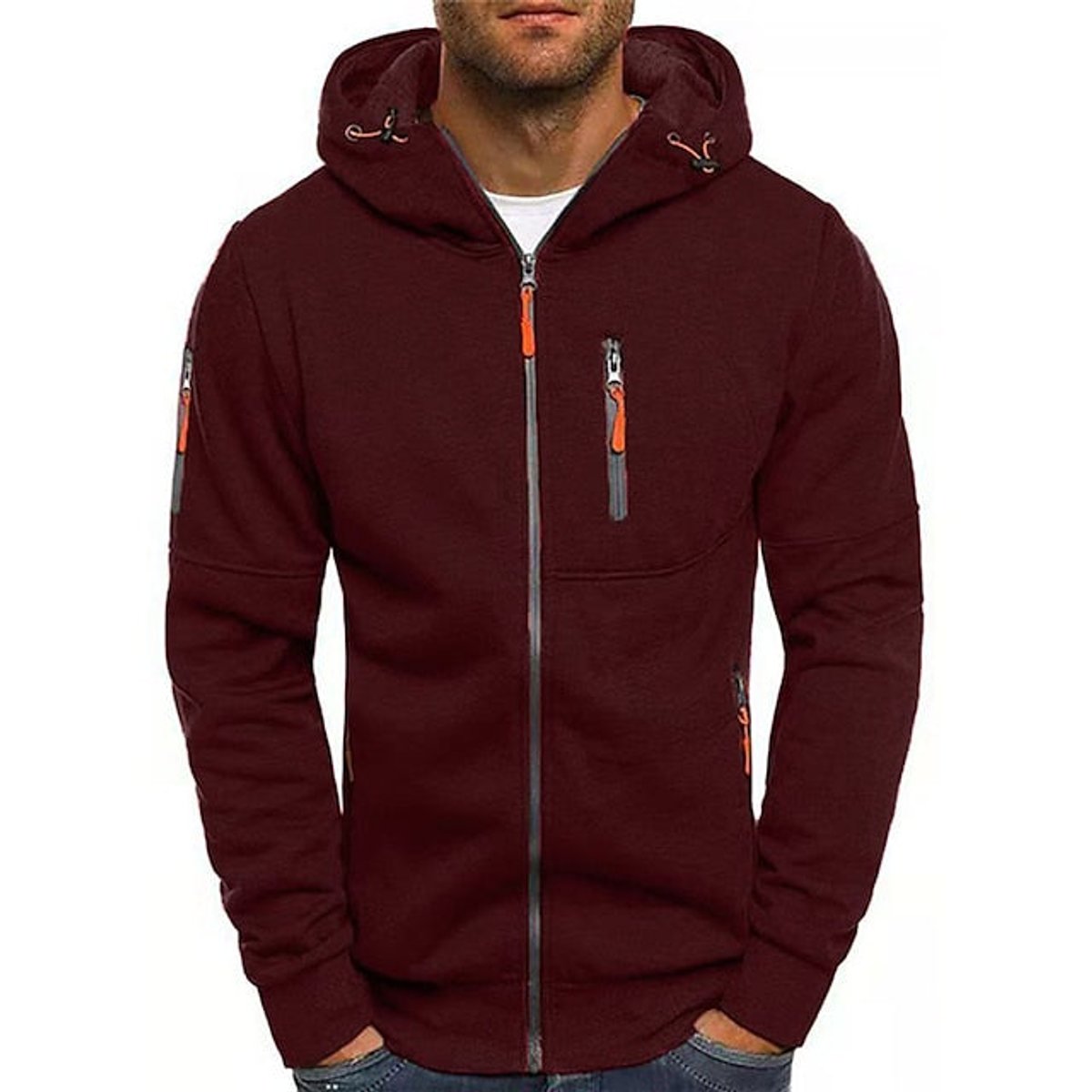 Men's knitted hooded jumper with front zip and drawstring