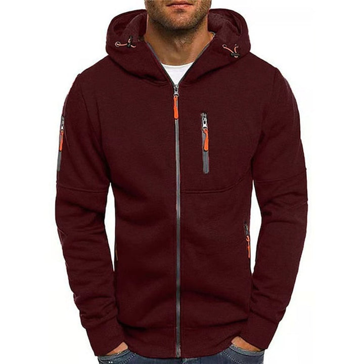 Men's knitted hooded jumper with front zip and drawstring