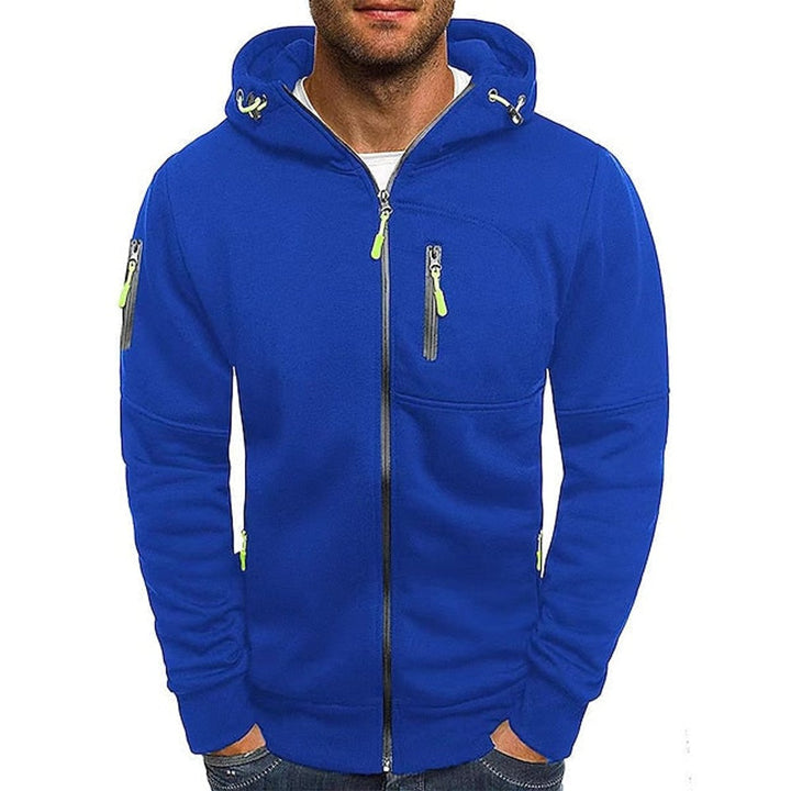 Men's knitted hooded jumper with front zip and drawstring