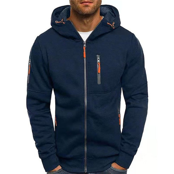 Men's knitted hooded jumper with front zip and drawstring