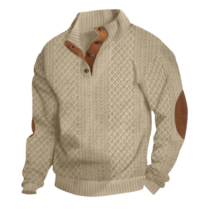 Textured knit sweater with funnel neck and elbow patches