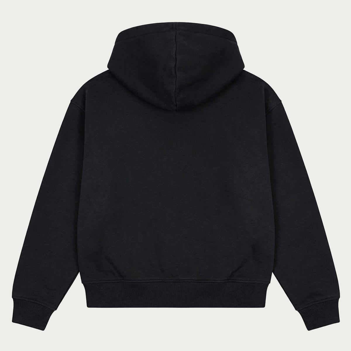 Black pullover hoodie with hood, long sleeves and front pouch pocket