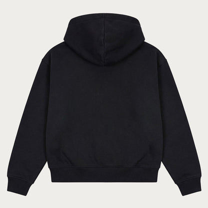 Black pullover hoodie with hood, long sleeves and front pouch pocket