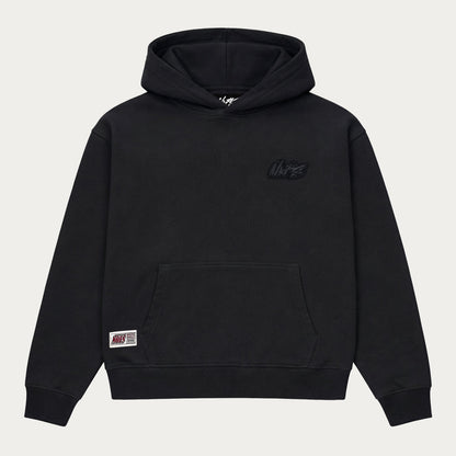 Black pullover hoodie with hood, long sleeves and front pouch pocket