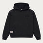 Black pullover hoodie with hood, long sleeves and front pouch pocket