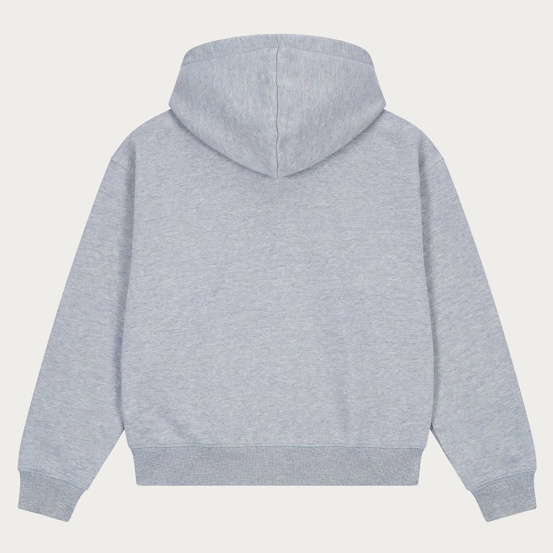 Grey plain hoodie with hood, long sleeves and front kangaroo pocket