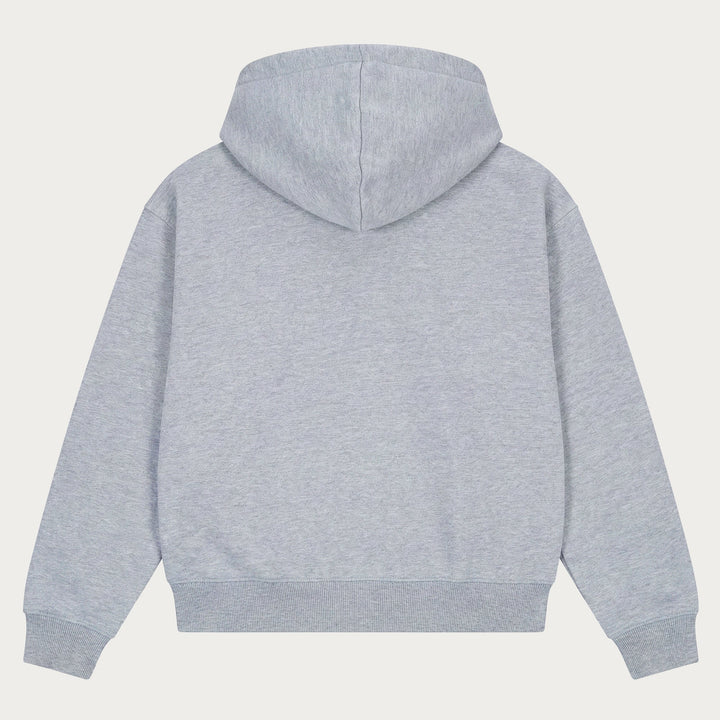 Grey plain hoodie with hood, long sleeves and front kangaroo pocket
