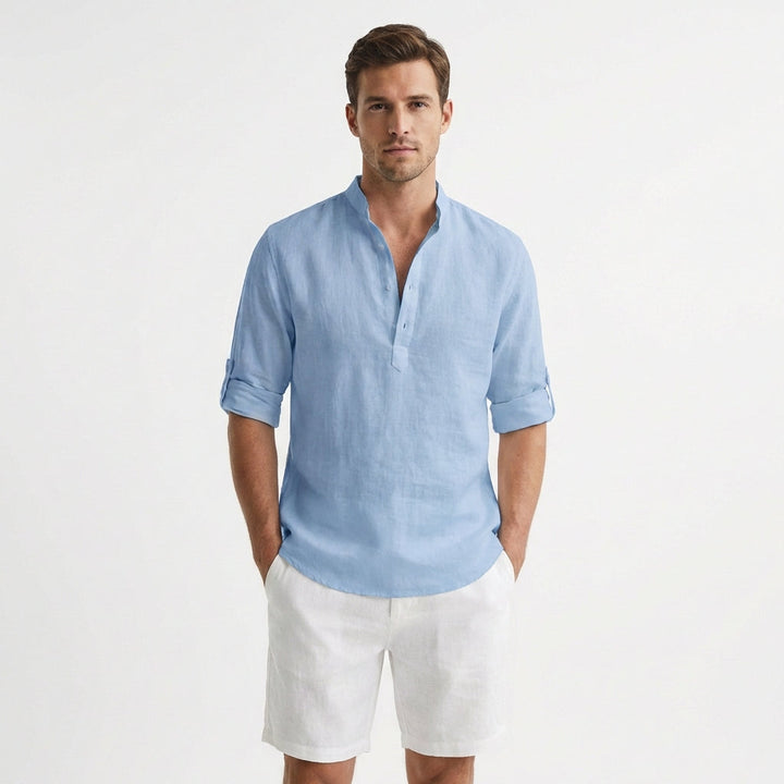 Men's Henley Shirt, Mandarin Collar Roll Up Sleeve Half Button Casual Summer Shirt