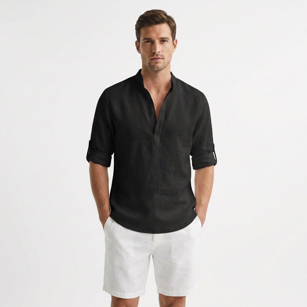 Men's Henley Shirt, Mandarin Collar Roll Up Sleeve Half Button Casual Summer Shirt