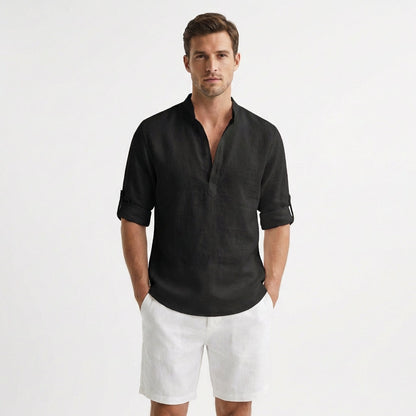 Men's Henley Shirt, Mandarin Collar Roll Up Sleeve Half Button Casual Summer Shirt