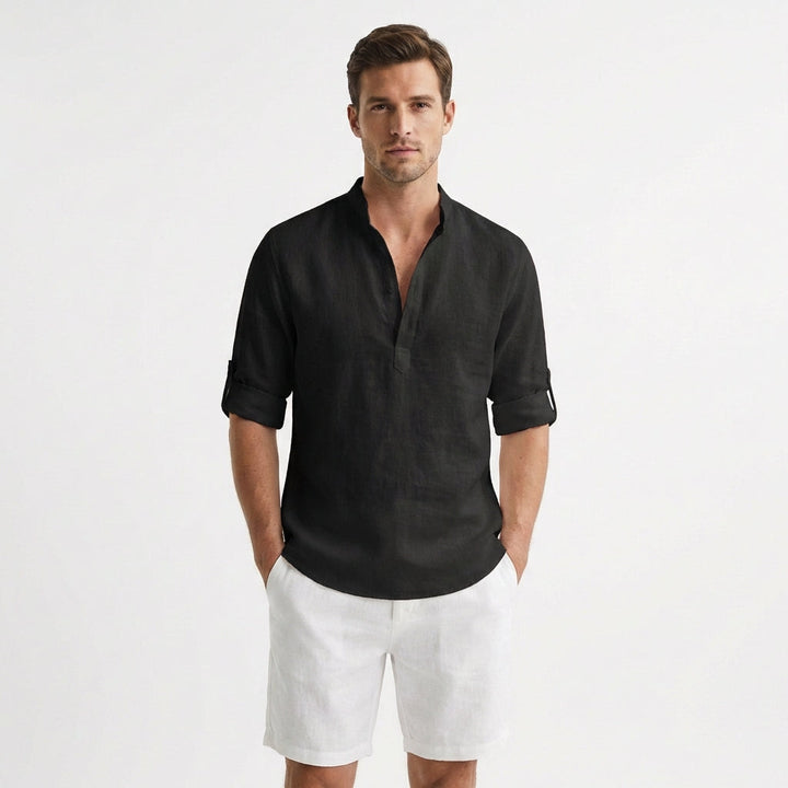 Men's Henley Shirt, Mandarin Collar Roll Up Sleeve Half Button Casual Summer Shirt