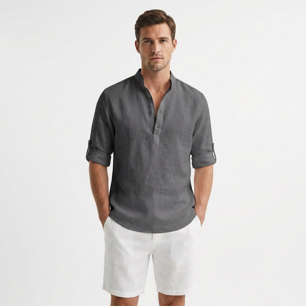 Men's Henley Shirt, Mandarin Collar Roll Up Sleeve Half Button Casual Summer Shirt