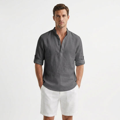 Men's Henley Shirt, Mandarin Collar Roll Up Sleeve Half Button Casual Summer Shirt