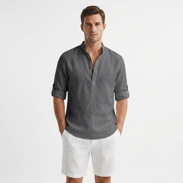 Men's Henley Shirt, Mandarin Collar Roll Up Sleeve Half Button Casual Summer Shirt