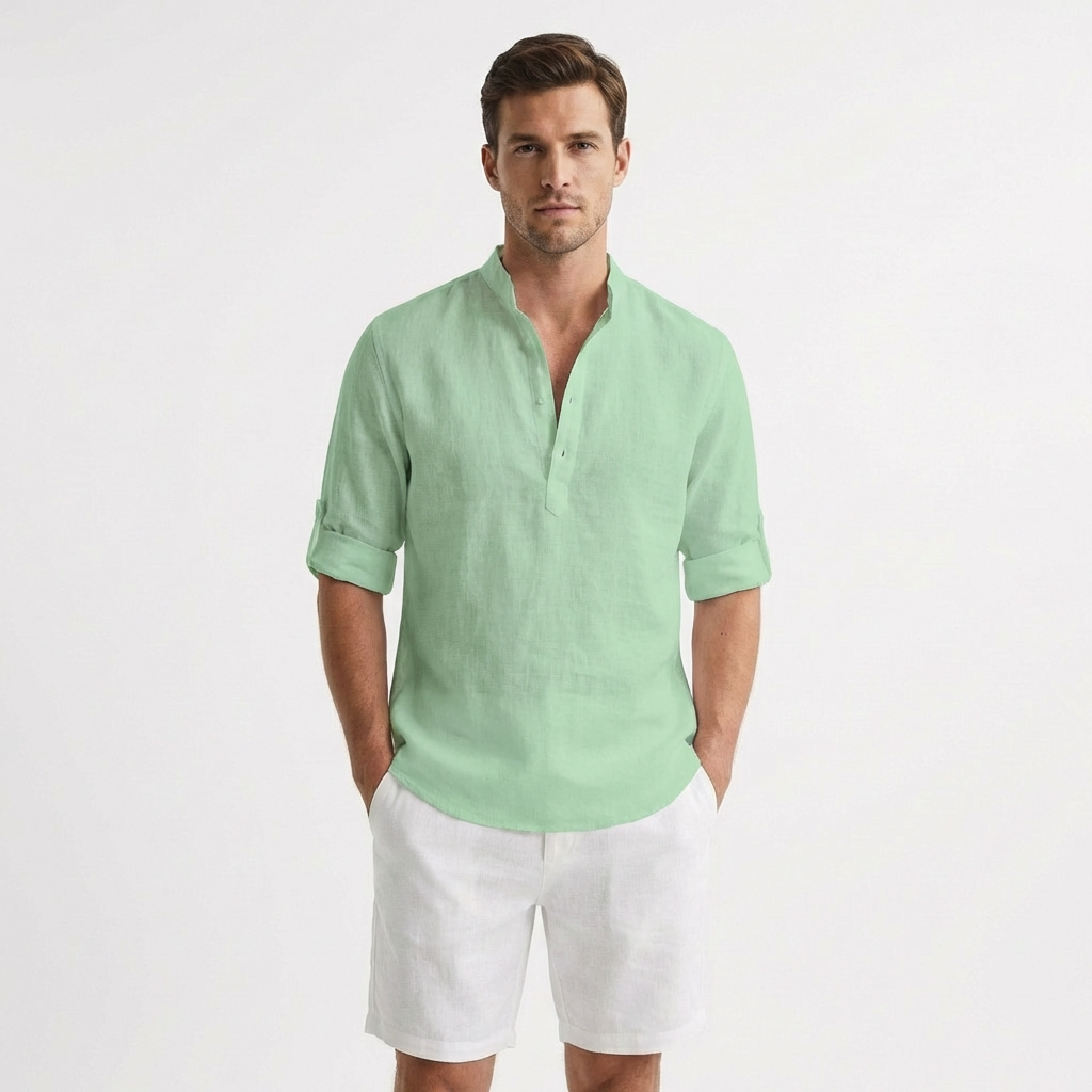 Men's Henley Shirt, Mandarin Collar Roll Up Sleeve Half Button Casual Summer Shirt