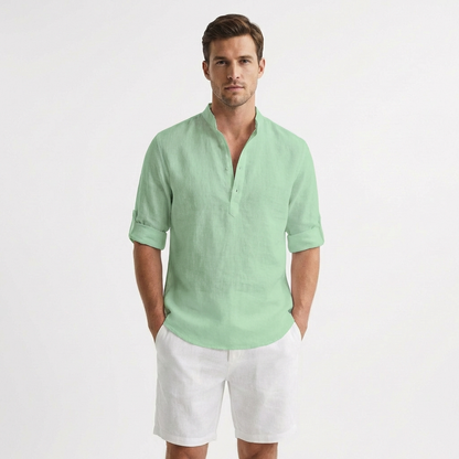 Men's Henley Shirt, Mandarin Collar Roll Up Sleeve Half Button Casual Summer Shirt