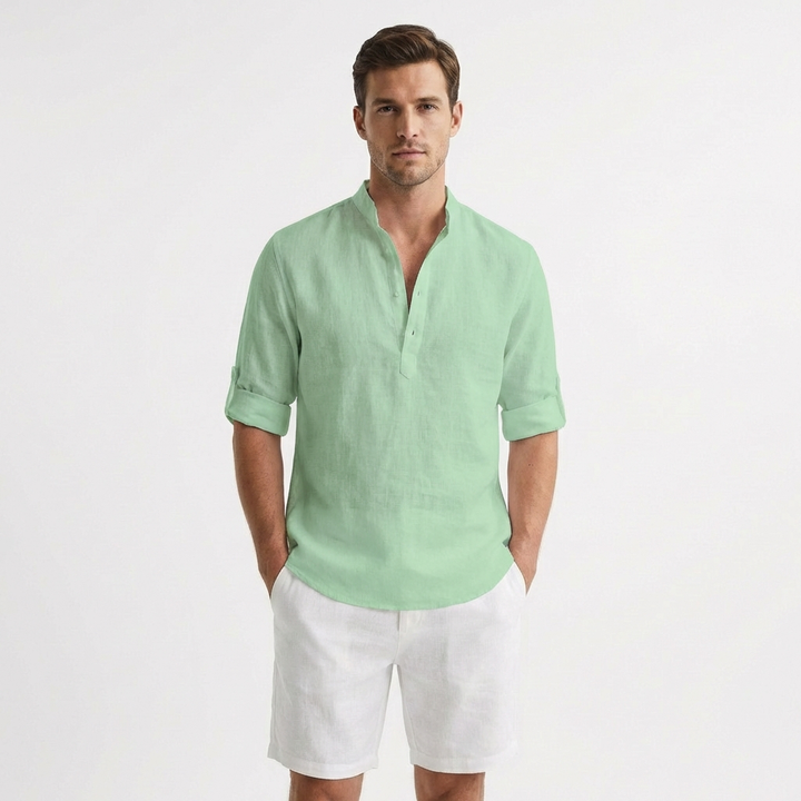 Men's Henley Shirt, Mandarin Collar Roll Up Sleeve Half Button Casual Summer Shirt