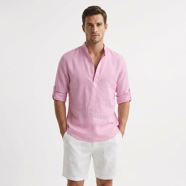 Men's Henley Shirt, Mandarin Collar Roll Up Sleeve Half Button Casual Summer Shirt
