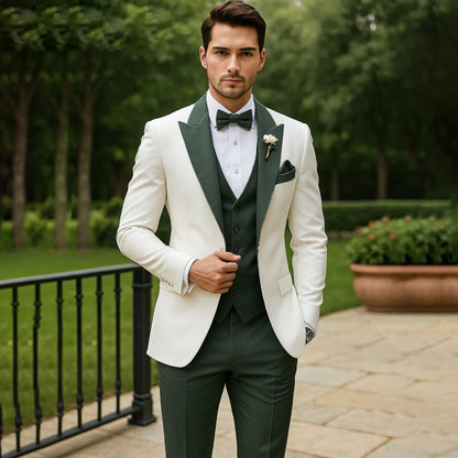 Men's three-piece tuxedo suit with shawl lapel, waistcoat, bow tie and trousers