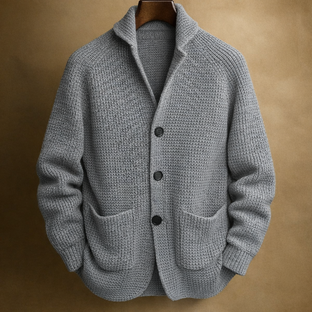 Men's ribbed shawl-collar cardigan with buttons and front pockets