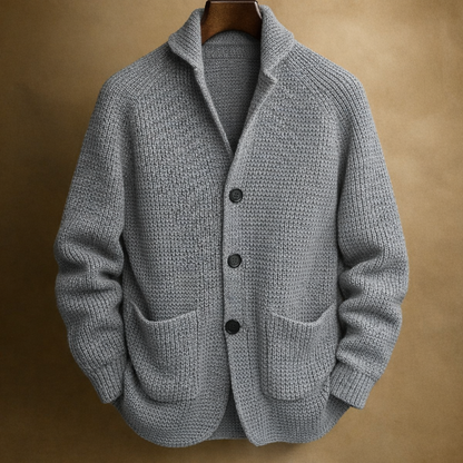 Men's ribbed shawl-collar cardigan with buttons and front pockets