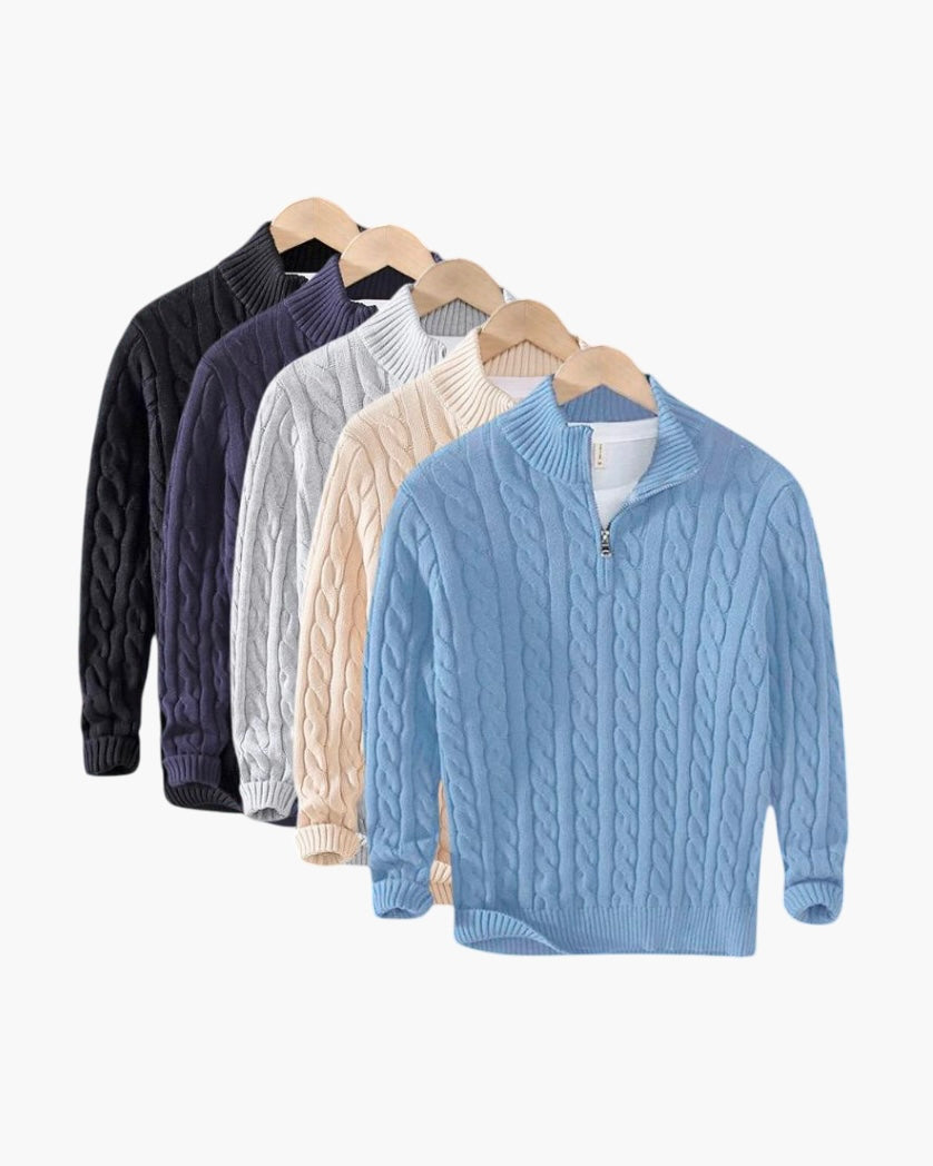 Pack of five men's cable-knit quarter-zip sweaters displayed on hangers in black, navy, white, cream and light blue