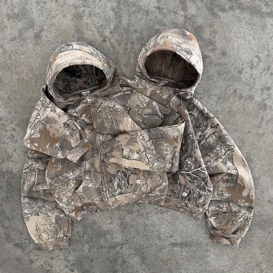 Cropped camouflage hoodie with double hood and front pocket