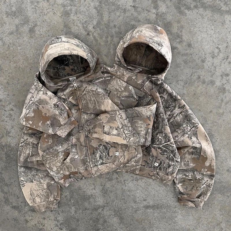 Cropped camouflage hoodie with double hood and front pocket