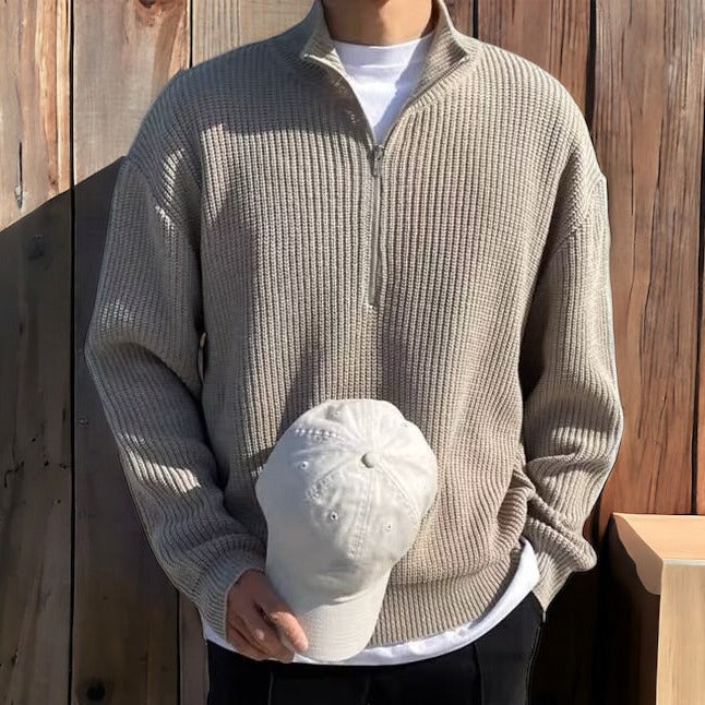 Men's ribbed half-zip sweater with stand collar
