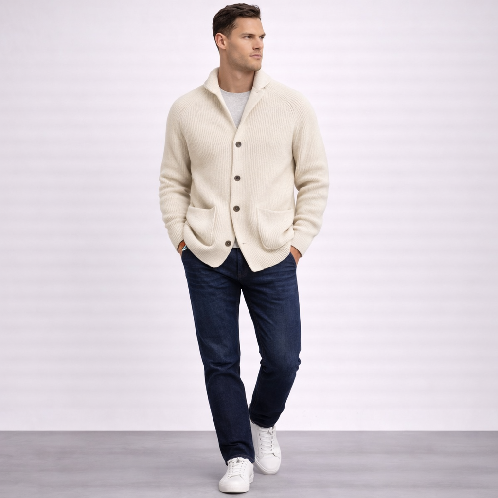 Men's ribbed shawl-collar cardigan with buttons and front pockets
