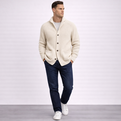 Men's ribbed shawl-collar cardigan with buttons and front pockets