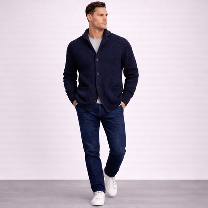 Men's ribbed shawl-collar cardigan with buttons and front pockets